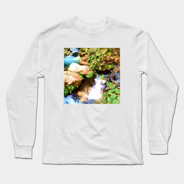 An island of paradise. river, flow, water, turquoise, navy, blue, vegetation, paradise, island, summer, beach, adventure, foam, Long Sleeve T-Shirt by PrintedDreams